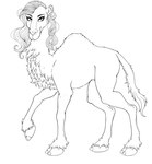 all_fours curled_hair eyelashes female feral fur hair half-closed_eyes head_turned hooves inner_ear_fluff long_hair looking_at_viewer narrowed_eyes neck_tuft nude side_view solo tail tail_tuft tuft marcushunter jewel_(marcushunter) camel camelid mammal 2024 monochrome signature