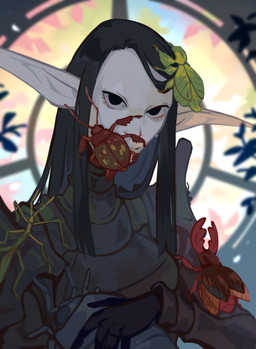 armor black_armor black_eyes black_hair blurred_background clothed clothing exoskeleton eyelashes female female_humanoid feral front_view green_body green_exoskeleton group hair holding_another humanoid_pointy_ears long_hair looking_at_viewer mouth_closed no_pupils pale_skin pointy_ears red_body red_exoskeleton corzh77 arthropod humanoid absurd_res bust_portrait hi_res portrait