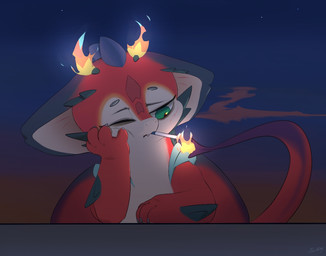 ambiguous_gender cigarette claws fangs feral fire green_eyes hand_on_cheek kemono lying night on_front one_eye_closed red_body red_skin sad simple_background solo tail teeth halvitty league_of_legends mythology riot_games tencent smolder_(lol) dragon mythological_creature mythological_scalie scalie