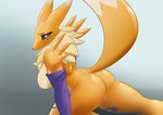 anthro arm_tuft armwear big_breasts big_butt black_nose black_sclera blue_eyes breasts bridal_gauntlets butt chest_tuft clothed clothed/nude clothing countershade_torso countershading curvy_figure eyelashes female frown fur genitals grey_background long_ears long_tail looking_at_viewer looking_back neck_tuft nipples nude pink_nipples pose purple_body purple_clothing purple_fur pussy shadow shoulder_tuft shy simple_background solo tail thick_thighs tomoe_(symbol) tuft white_body white_countershading white_fur wide_hips yellow_body yellow_fur sarctrue bandai_namco digimon digimon_(species) renamon absurd_res hi_res shaded