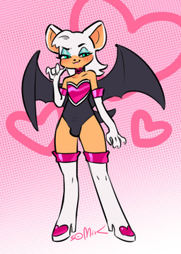 4_fingers anthro armwear blush boots bulge choker clothed clothing crossgender elbow_gloves femboy fingers footwear ftm_crossgender gloves handwear heart_symbol high_heeled_boots high_heels jewelry looking_at_viewer male necklace pattern_background shoes simple_background smile solo wings somik sega sonic_the_hedgehog_(series) rouge_the_bat bat mammal 2023 signature