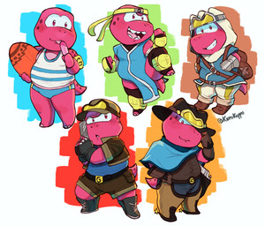 anthro biped boots bottomwear clothing cosplay cowboy_boots cowboy_hat food footwear gun hat headgear headwear male open_mouth pants pink_body popsicle ranged_weapon shirt shoes simple_background slightly_chubby smile solo standing surfboard swimwear topwear weapon kurokuppo gameoverse glitch_productions gobbles_(gameoverse) dinosaur prehistoric_species reptile scalie 2026 hi_res