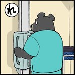 anthro black_body black_fur black_nose bottomwear clothing detailed_background fur humanoid_hands overweight pants shirt text topwear yuumin148 bear black_bear mammal moon_bear ursine 1:1 2020 japanese_text