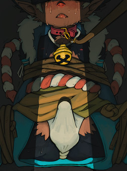 anthro arms_tied asian_clothing bdsm bell bell_collar biped blindfold bodily_fluids bondage bound bulge captured clothed clothing collar crying cute_fangs detailed_bulge east_asian_clothing erection erection_under_clothing faceless_character faceless_male fangs forced front_view fundoshi genital_outline genitals inside japanese_clothing leash legs_tied light male nipples offscreen_character open_crotch open_mouth penis penis_outline restraints rope rope_bondage saliva shadow sitting solo spread_legs spreading submissive submissive_male sweat tears teeth tenting underwear young rokuya gitarou haplorhine mammal monkey primate hi_res lighting