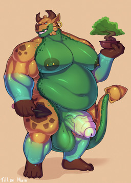 anthro areola balls barbell_piercing belly biceps big_balls big_muscles big_nipples big_pecs big_penis bonsai ear_piercing ear_ring erection forearm_muscles foreskin genitals holding_object horn huge_pecs looking_at_viewer male moobs musclegut muscular muscular_arms muscular_legs muscular_male navel nipple_dip nipple_piercing nipples obese obese_anthro obese_male overweight overweight_anthro overweight_male pecs penis piercing plant ring_piercing saggy_balls shovel smile solo spots standing tail tools trapezius triceps vein veiny_penis tilionmaia mythology dragon mythological_creature mythological_scalie scalie hi_res
