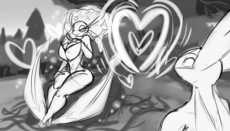 big_breasts biped blush blush_lines breasts duo eyebrows eyelashes female fingers half-closed_eyes heart_symbol looking_at_another male narrowed_eyes nipple_outline open_mouth open_smile outside plant sitting smile tree latiar nintendo pokemon lar_(latiar) elemental_creature flora_fauna florges generation_3_pokemon generation_6_pokemon latios legendary_pokemon pokemon_(species) 7:4 monochrome