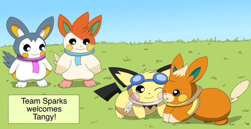 cheek_to_cheek eyewear eyewear_on_head female female_feral feral fur goggles goggles_on_head group logo male male_feral orange_body orange_fur scarf text yellow_body yellow_fur pichu90 nintendo pokemon nise_pawmo sparks_pichu tangy_pawmi yarn_emolga emolga generation_2_pokemon generation_5_pokemon generation_9_pokemon pawmi pawmo pichu pokemon_(species) artist_logo english_text hi_res