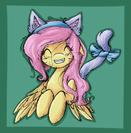 accessory blush bow_(feature) bow_accessory bow_ribbon eyes_closed fake_cat_ears fake_ears feathered_wings feathers female feral fur furgonomics hair happy long_hair open_mouth pink_hair ribbons simple_background smile solo tail tail_accessory tail_bow tail_ribbon teeth whiskers wings yellow_body yellow_feathers yellow_fur musicglare friendship_is_magic hasbro my_little_pony mythology fluttershy_(mlp) equid equine mammal mythological_creature mythological_equine pegasus absurd_res hi_res