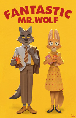 accessory anthro bottomwear brown_body brown_fur canon_couple clothing cosplay crossover_cosplay dress duo eyebrows eyelashes female footwear fur high_heels inner_ear_fluff juice_box male necktie orange_body orange_fur pants shirt shoes smile tan_body tan_fur topwear tuft gamgyuls dreamworks fantastic_mr._fox the_bad_guys diane_foxington mr._wolf_(the_bad_guys) canid canine canis fox mammal wolf absurd_res crossover hi_res