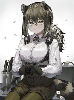 bottomwear breasts clothing collared_shirt dress_shirt ear_piercing eye_bags female freckles grey_hair hair knife markings piercing shirt shorts solo striped_markings striped_tail stripes tail tail_markings topwear saiun1224 arknights hypergryph studio_montagne robin_(arknights) animal_humanoid humanoid mammal mammal_humanoid procyonid procyonid_humanoid raccoon_humanoid absurd_res hi_res