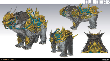 4_toes ambiguous_feral ambiguous_gender armor brown_body brown_feathers claws company_name feathers feet feral gold_mask gradient_background greaves grey_body grey_claws grey_feathers horned_mask light mask multicolored_body multicolored_feathers quadruped reins saddle simple_background solo standing text toe_claws toes turnaround yellow_eyes nicholas_patrick_kelana highguard_(game) avian bear bird mammal moonbruin_(highguard) owl ursine 2026 absurd_res colored concept_art digital_drawing_(artwork) digital_media_(artwork) english_description english_text hi_res lighting official_art shaded url