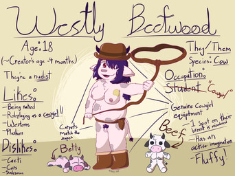 anthro areola armpit_hair belly belt body_hair boots breasts butt clothing cowboy_hat fluffy footwear genitals gynomorph hair hat hat_only headgear headgear_only headwear headwear_only horn information intersex lasso male markings mostly_nude navel nipples nude nudist penis pink_fabric plushie pubes purple_hair red_eyes rope shoes simple_background slightly_chubby small_penis solo spots spotted_body tail text yellow_background soder_cat westly_beefwood_(soder_cat) bovid bovine cattle mammal absurd_res character_name english_text hi_res model_sheet nonbinary_(lore) trans_(lore)