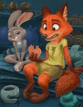 anthro claws clothing duo female fur holidays male pawpads sitting smile surprised_expression tail hareluca disney valentine's_day zootopia judy_hopps nick_wilde canid canine fox lagomorph leporid mammal rabbit absurd_res hi_res