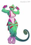 2015 absurd_res anthro big_breasts breasts chameleon clothing dieselbrain female glistening glistening_body glistening_clothing hi_res lizard non-mammal_breasts panther_chameleon reptile scalie solo