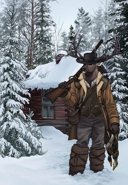 anthro antlers brown_body brown_fur cabin clothing cowboy_hat forest fur gun hat headgear headwear horn hunter male plant ranged_weapon rifle snow solo tree weapon winter agentmoose theodore_berglund anatid anseriform avian bird cervine deer duck elk mammal roosevelt_elk hi_res