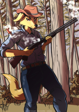 anthro clothed clothing cocking_gun countryside cowboy_hat forest gun hat headgear headwear light light_beam looking_at_viewer male plant ranged_weapon serious_face shell_(projectile) shotgun shotgun_shell smoke solo sunbeam sunlight tree weapon sydney_onmars bird_dog canid canine canis domestic_dog hunting_dog labrador mammal retriever absurd_res hi_res