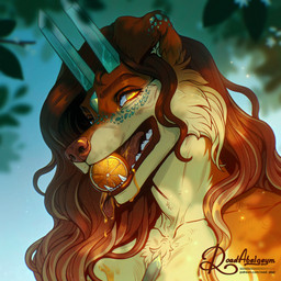 anthro bloom breast_tuft brown_body brown_fur brown_hair cheek_tuft chest_tuft collarbone countershade_face countershade_fur countershade_neck countershade_torso countershading crystal crystal_horn ears_down eyebrows eyelashes facial_tuft fangs female female_anthro food food_in_mouth fruit fur hair highlights_(coloring) horn juice looking_at_viewer open_mouth orange_(fruit) orange_eyes orange_pupils patreon_username philtrum pivoted_ears plant pseudo_horn pupils sky snout solo spotted_nose teeth text tongue tongue_out tree tuft wavy_hair road~abelgeym canid canine mammal 1:1 artist_name bust_portrait detailed hi_res icon portrait url