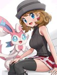 blue_eyes blush bottomwear breasts clothed clothing cute_fangs duo fangs female feral hat headgear headwear legwear looking_at_viewer open_mouth skirt teeth gonzarez1938 nintendo pokemon serena_(pokemon) eeveelution generation_6_pokemon human mammal pokemon_(species) sylveon 2022 hi_res