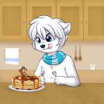 anthro black_nose blue_eyes blue_scarf blueberry_(fruit) character_on_plate clothing container cooking_with_furs cup cupboard cutlery detailed_background duo food fork fruit fur glass glass_container glass_cup hair holding_fork imminent_vore inside kitchen kitchen_utensils knife licking licking_lips licking_own_lips male male/male male_pred male_prey maple_syrup micro mostly_nude pancake pattern_clothing pattern_scarf pink_tongue plant scarf scarf_only self_lick spoon striped_clothing striped_scarf stripes syrup tail tan_body tan_fur tongue tongue_out tools towel white_body white_fur white_hair rainypaws jazzy_(desertmouse) rich_(zoruaboyrich) bear mammal mouse murid murine polar_bear rodent ursine 2015 absurd_res digital_drawing_(artwork) digital_media_(artwork) hi_res shaded signature soft_shading