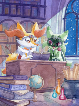 ambiguous_gender anthro book bookshelf cape claws clothing crown detailed_background duo eyebrows fur furniture globe green_body green_fur headgear inner_ear_fluff multicolored_body object_in_tail open_mouth orange_body orange_eyes orange_fur pink_eyes raised_eyebrow reading sky smile star starry_sky stick stick_in_tail tail text tiara tongue tuft white_body white_fur trulyavaporeon nintendo pokemon braixen canid canine felid feline floragato generation_6_pokemon generation_9_pokemon mammal pokemon_(species) 2026 english_text hi_res signature