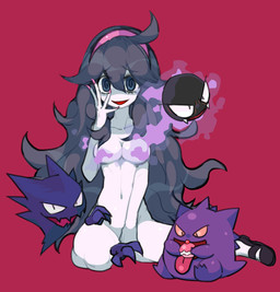 ahoge breasts colored_nails convenient_censorship exposure_variation female group hair human_focus long_hair nails not_furry nude pink_nails poke_puff pose unknown_artist nintendo pokemon hex_maniac gastly generation_1_pokemon gengar ghost haunter human mammal pokemon_(species) spirit hi_res