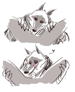 ambiguous_gender anthro bedroom_eyes between_legs duo facial_markings fluffy head_markings heart_symbol licking licking_lips licking_own_lips looking_at_viewer male markings mask_(marking) narrowed_eyes pointy_ears prick_ears red_eyes seductive tongue tongue_out ultimatellurker dreamworks puss_in_boots_(franchise) anon death_(puss_in_boots) canid canine canis human mammal wolf hi_res