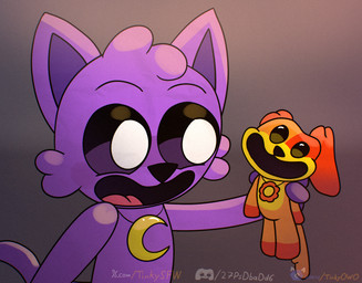 ambiguous_anthro ambiguous_gender anthro black_eyes charm_(jewelry) duo ears_back ears_down ears_up fur gradient_background holding_object jewelry necklace open_mouth orange_body orange_fur pivoted_ears plushie pupils purple_body purple_fur simple_background smile tail text tongue white_pupils yellow_body yellow_fur tinky mob_entertainment poppy_playtime smiling_critters catnap_(poppy_playtime) dogday_(poppy_playtime) domestic_cat felid feline felis mammal hi_res url male_(lore)