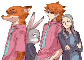 alternate_species anthro bottomwear clothed clothing duo female fur green_eyes grey_body grey_fur hair humanized long_ears male necktie orange_body orange_fur pants pink_clothing pink_shirt pink_topwear purple_eyes shirt simple_background smile tan_bottomwear tan_clothing tan_pants topwear leaff0000 disney zootopia judy_hopps nick_wilde canid canine european_rabbit fox human lagomorph leporid mammal oryctolagus rabbit red_fox true_fox 2025 digital_media_(artwork) hi_res