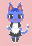 black_clothing black_eyes black_footwear black_socks blue_body blue_ears blue_hair blue_tail clothing female footwear hair maid_uniform pink_background simple_background socks solo tail uniform white_hand white_hands kawaiirosiechan animal_crossing nintendo rosie_(animal_crossing) domestic_cat felid feline felis mammal absurd_res hi_res