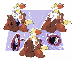 alternate_color anthro anthro_pred anthro_prey areola ball_bulge balls between_breasts big_areola big_balls big_breasts big_penis biped black_body black_fur breasts cock_vore cutaway dipstick_tail duo endosoma erection eyes_closed feet_first fluffy fluffy_tail front_view fully_inside fur genitals glistening glistening_balls glistening_genitalia glistening_penis grin gynomorph gynomorph_anthro gynomorph_pred head_between_breasts huge_balls huge_breasts huge_penis humanoid_genitalia humanoid_penis inner_ear_fluff internal intersex intersex_anthro intersex_pred larger_anthro larger_gynomorph larger_intersex larger_pred looking_at_another looking_at_genitalia looking_at_penis lying male male_anthro male_prey markings monotone_tail multicolored_body multicolored_fur multicolored_tail nipples nude nude_anthro nude_gynomorph nude_male on_back orange_areola orange_nipples orange_nose penile penis penis_size_difference purple_body purple_fur purple_inner_ear_fluff purple_tail purple_tail_tip red_balls red_body red_eyes red_fur red_inner_ear_fluff red_penis safe_vore simple_background sitting size_difference smaller_anthro smaller_male smile soft_vore tail tail_markings tuft two_tone_tail urethral_bulge vore wariza white_body white_ears white_fur white_tail yellow_body yellow_ears yellow_fur yellow_tail mooexe nintendo pokemon nue_stargazer braixen canid canine delphox generation_6_pokemon mammal pokemon_(species) 2026 colored digital_media_(artwork) hi_res sequence