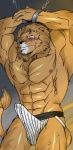 2013 abs anthro athletic balls biceps big_muscles biped blush bodily_fluids bound brown_body brown_fur brown_hair bulge chest_tuft clothed clothing drooling erection eyes_closed felid flexing fur genitals hair hentist hi_res jockstrap lion male mammal muscular muscular_anthro muscular_male nipples pantherine pecs penis pose saliva shishimaru_genjurou solo submissive submissive_male topless tuft underwear