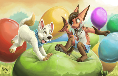 anthro balloon black_claws blue_eyes blue_kerchief blue_neckerchief brown_hair brown_markings brown_tail claws clothed clothing duo eye_contact feral fur grass grey_pawpads hair happy head_tuft heterochromia inflatable jewelry kerchief logo long_hair looking_at_another male markings neckerchief necklace neckwear open_mouth open_smile orange_body pawpads plant playful red_eyes side_view smile tail topless tuft white_body white_fur white_tail yellow_eyes young young_anthro young_male pandapaco canid canine fish mammal marine shark artist_logo signature
