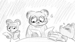 16:9 animal_crossing anthro bodily_fluids calculator canid canine clothing dialogue_in_description dragonweirdo group hat headgear headwear hi_res male mammal monochrome nintendo paper raccoon_dog sweat sweatdrop sweater tanuki timmy_nook tom_nook_(animal_crossing) tommy_nook topwear visor_cap widescreen young young_anthro