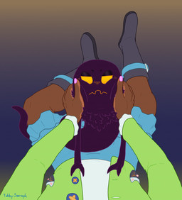 2_fingers 5_fingers :< >:< ambiguous_gender ambiguous_pov apode bald biped black_eyebrows black_eyelids blue_background blue_bottomwear blue_clothing blue_skirt blush blush_lines boots bottomwear brown_body brown_skin button_(fastener) cheek_tuft circle_eyebrows claws closed_frown clothed clothing colored_fingernails colored_nails countershade_hands countershade_skin countershading cute_fangs dark_body dark_fur duo empty_eyes eyebrows face_squish facial_tuft fangs finger_claws fingernails fingers first_person_view footwear foreshortening front_view frown fully_clothed fur fur_tuft gradient_background green_clothing green_jacket green_topwear grey_boots grey_clothing grey_footwear grumpy half-closed_eyes hand_on_belly hand_on_cheek hands_on_stomach holding_face humanoid_hands jacket larger_ambiguous larger_human legless looking_at_viewer monotone_body monotone_fur mouth_closed nails narrowed_eyes neck_tuft noseless not_furry nude on_lap open_clothing open_jacket open_topwear orange_background pink_nails plantigrade pockets purple_body purple_eyelids purple_fur purple_skin ruff serpentine shirt shoes simple_background sitting sitting_on_lap size_difference skirt smaller_ambiguous smaller_humanoid squish tail tail_around_leg tail_around_thigh teeth text topwear tuft unbuttoned undershirt white_clothing white_shirt white_topwear yellow_blush yellow_eyes yellow_mouth tabbyseraph a_hat_in_time bow_kid_(ahit) snatcher_(ahit) draconcopode ghost human humanoid mammal spirit 2021 artist_name digital_drawing_(artwork) digital_media_(artwork) flat_colors nonbinary_(lore)