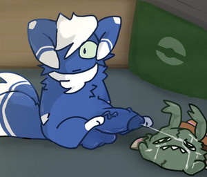 2_tails anthro balls blue_body bodily_fluids cum cum_on_face duo female genital_fluids genitals looking_upset male male/female multi_tail penis tail nakeilyar nintendo pokemon fan_character generation_5_pokemon generation_6_pokemon meowstic pokemon_(species) trubbish