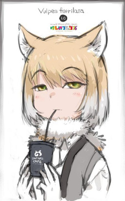 4_fingers ambiguous_gender bendy_straw biped blush border clothing container cup drinking drinking_straw eyelashes femboy fingers front_view frown fur green_eyes grey_border grey_clothing hair half-closed_eyes holding_container holding_cup holding_object humanoid_hands inner_ear_fluff japanese light_body light_skin looking_at_viewer multicolored_hair narrowed_eyes neck_tuft necktie scientific_name simple_background solo tan_body tan_hair tan_skin text topwear tuft two_tone_hair vest white_background white_body white_clothing white_fur white_hair mine_yoshizaki kemono_friends sandy_(kemono_friends) animal_humanoid canid canid_humanoid canine canine_humanoid fox fox_humanoid humanoid mammal mammal_humanoid tibetan_sand_fox true_fox 2015 bust_portrait digital_drawing_(artwork) digital_media_(artwork) english_text official_art portrait species_name