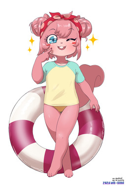anthro bikini bikini_bottom blue_eyes blush blush_stickers clothed clothing eyelashes female fur hair long_eyelashes looking_at_viewer one_eye_closed open_mouth open_smile pink_body pink_fur pink_hair shirt simple_background smile smiling_at_viewer solo swimwear topwear two-piece_swimsuit wink winking_at_viewer young young_anthro young_female mr-shin twiggy_(mr-shin) mammal rodent sciurid tree_squirrel 2026 absurd_res hi_res