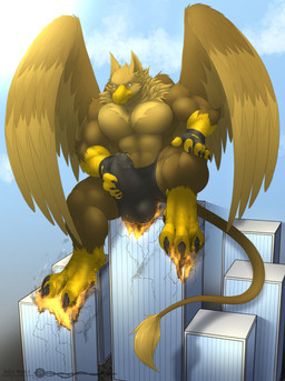 4_toes 5_fingers abs anthro balls balls_outline beak biceps biped boxer_briefs brown_body brown_fur building building_destruction bulge city city_background cityscape claws clothing crush destruction detailed_bulge erection feathered_wings feathers feet finger_claws fingerless_gloves fingers fire fur genital_outline genitals gloves handwear house macro macro_anthro macro_male male masturbation muscular muscular_anthro muscular_male nude outside paws pecs penile penile_masturbation penis rampage sitting sitting_on_building solo tail toe_claws toes underwear wings koa_wolf mythology carpo avian gryphon mythological_avian mythological_creature hi_res