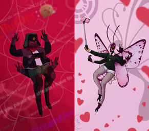 alternate_species anthro anthrofied clothing controller electronics female furrification game_controller gesture hand_gesture jewelry male multi_arm multi_limb necklace pattern_background phone ring russian_hat selfie_stick shirt simple_background spider_web stream_chat topwear v_sign wings chazster project:_eden's_garden cassidy_amber_(project:_eden's_garden) glorp_(meme) kai_monteago_(project:_eden's_garden) arachnid araneomorph arthropod black_widow_spider butterfly insect lepidopteran spider theridiid widow_spider digital_media_(artwork) pink_theme red_theme restricted_palette