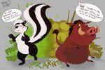anthro belly big_belly dialogue dirty_talk disney duo fart fart_cloud fart_fetish feral gassy hi_res hyper hyper_fart looney_tunes male male/male mammal mephitid nude onomatopoeia overweight overweight_male paws pepe_le_pew pumbaa raised_leg raised_tail ruben_sling sitting skunk slightly_chubby smelly sound_effects speech_bubble suid suina tail text the_lion_king warner_brothers warthog