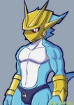 anthro armor athletic athletic_anthro athletic_male blue_body bracers bulge clothing headgear helmet male navel pecs red_eyes solo speedo swimwear curizzu_1311 bandai_namco digimon digimon_(species) magnamon scalie absurd_res hi_res