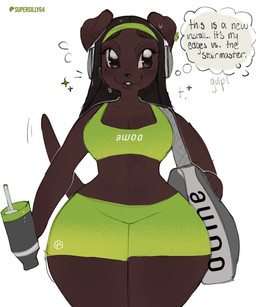 anthro bag big_breasts black_body black_eyes black_fur black_hair black_nose bra breasts cleavage clothed clothing electronics eyebrows eyelashes female fur hair headphones legs_together long_hair looking_aside midriff navel simple_background smile solo sports_bra standing text thick_thighs thought_bubble underwear white_background wide_hips supersilly64 canid canine canis domestic_dog mammal 2026 artist_name english_text hi_res