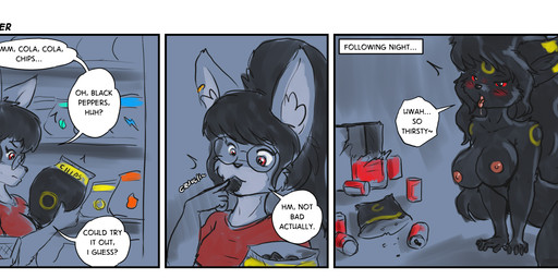 anthro areola arm_support biped black_hair black_nose blush blush_lines breasts butt chips_(food) circle_(marking) clothed clothing dialogue ear_piercing ear_ring eyewear facial_markings female fluffy fluffy_tail food forehead_markings fur genitals glasses grey_body grey_fur hair head_markings hip_markings holding_food holding_object inner_ear_fluff leg_markings long_hair lying markings medium_breasts nipples nude on_side piercing pokemorph ponytail red_clothing red_shirt red_topwear ring_piercing round_glasses shirt solo species_transformation speech_bubble store tail text tongue tongue_out topwear transformation tuft vulva wearing_glasses yellow_markings s-nina nintendo pokemon s'zira canid canine canis eeveelution generation_2_pokemon hybrid mammal pokemon_(species) rodent sciurid tree_squirrel umbreon wolf 2025 comic english_text hi_res