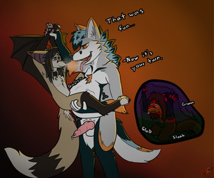 abdominal_bulge after_sex anatomically_correct anatomically_correct_genitalia anthro bat_wings blep bodily_fluids breath collar cuckold cum cum_on_own_penis cum_on_penis cum_on_self cum_on_tail genital_fluids genitals gradient_background group imminent_vore inside_stomach internal knot knotted_penis male male/male membrane_(anatomy) membranous_wings penis restrained rumbling_stomach saliva simple_background size_difference stomach_acid tail text tongue tongue_out trio vore wings metal_fox117 ash_(metal_fox) kiba_(crescentwolf) mace_(m4ysona) bat canid canine fox hybrid mammal maned_wolf english_text hi_res andromorph_(lore) nonbinary_(lore)