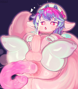 anthro anus belly blush bodily_fluids clothing cum cum_while_penetrated dildo ejaculation femboy footwear genital_fluids genitals hair himuro_ruki knee_highs knee_socks legwear male penetration penis pink_body puffy_anus red_eyes ribbons sex_toy socks solo sweat hikku mythology vtuber mythological_creature absurd_res hi_res