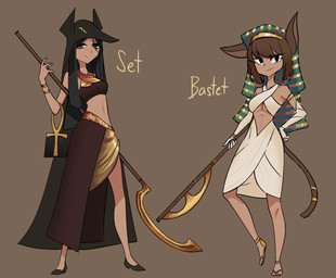 accessory ankh black_clothing black_footwear black_hair black_shoes brown_clothing brown_hair cat_tail clothing duo egyptian egyptian_clothing egyptian_headdress female footwear furgonomics golden_clothing hair holding_object holding_weapon midriff nemes orange_eyes sandals shoes tail tail_accessory weapon white_clothing centurii-chan_(artist) egyptian_mythology middle_eastern_mythology mythology bast bastet_(centurii-chan) set_(centurii-chan) set_(deity) animal_humanoid canid canid_humanoid canine canine_humanoid cat_humanoid deity felid felid_humanoid feline feline_humanoid humanoid jackal_humanoid mammal mammal_humanoid hi_res