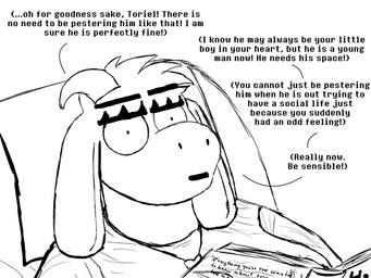 anthro armchair chair female furniture on_chair reading sitting sitting_on_chair solo text thinking komododad deltarune undertale_(series) chairiel toriel boss_monster_(undertale) bovid caprine goat mammal 2026 4:3 black_and_white comic english_text hi_res monochrome