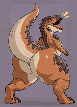 anthro big_butt big_tail biped bodily_fluids brown_body brown_scales butt female huge_butt huge_thighs hyper hyper_butt hyper_thighs nude pupils raised_tail rear_view saliva scales sharp_teeth slit_pupils solo standing sweat sweaty_butt tail teeth thick_tail thick_thighs tongue tongue_out yellow_eyes methados dinosaur prehistoric_species reptile saurischian scalie theropod tyrannosaurid tyrannosauroid tyrannosaurus tyrannosaurus_rex absurd_res digital_drawing_(artwork) digital_media_(artwork) hi_res