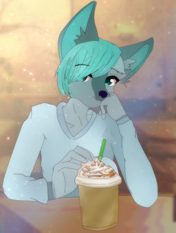 anthro beverage blue_eyes blue_hair clothed clothed_anthro clothed_male clothing dairy_products drinking_straw eyebrow_through_hair eyebrows food fur grey_body grey_fur grey_inner_ear_fluff hair hair_over_eye inner_ear_fluff looking_at_viewer male raised_eyebrows smile solo translucent translucent_hair tuft whipped_cream pallid-panda dunken canid canine canis domestic_dog fox german_shepherd herding_dog hybrid mammal pastoral_dog hi_res