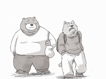anthro backpack belly bottomwear clothing dot_eyes duo kemono male overweight overweight_male pants shirt simple_background simple_eyes topwear pommn_mn bear canid canine canis domestic_dog mammal 2024 4:3 hi_res